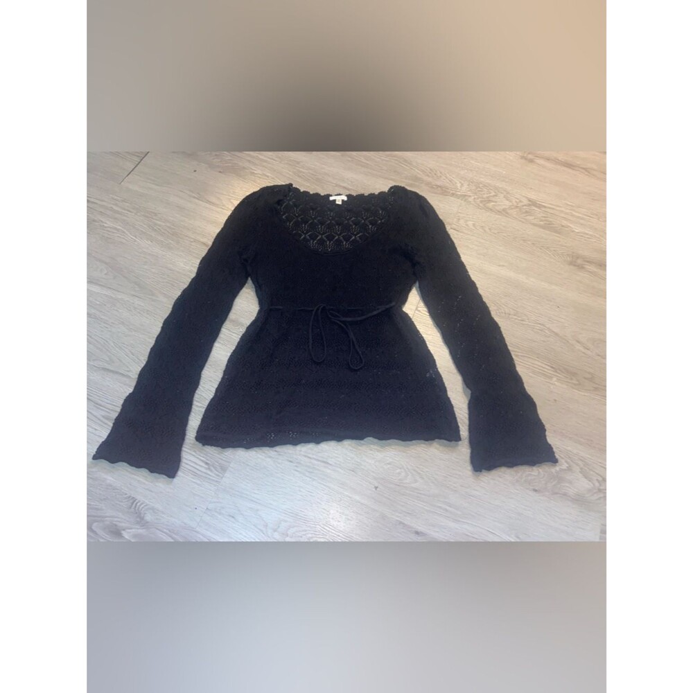Cache Black Lace-Knit Tie-Waist Scoop Neck Sweater M
